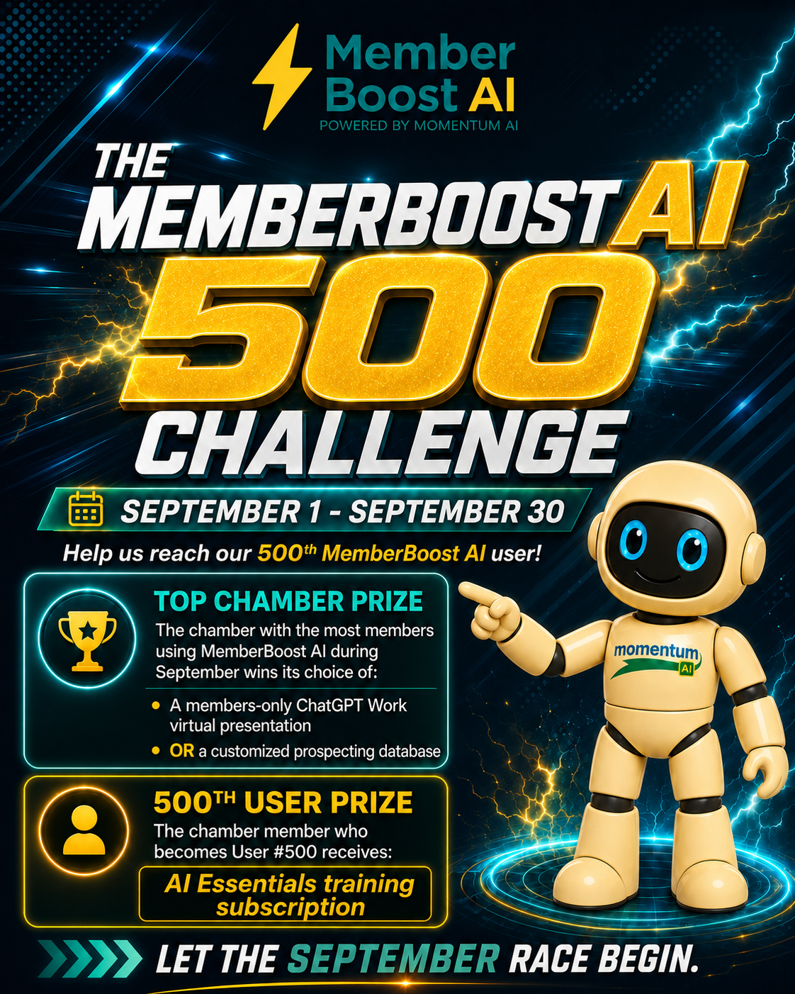 MemberBoost AI 500 Challenge runs September 1 through September 30, 2026.